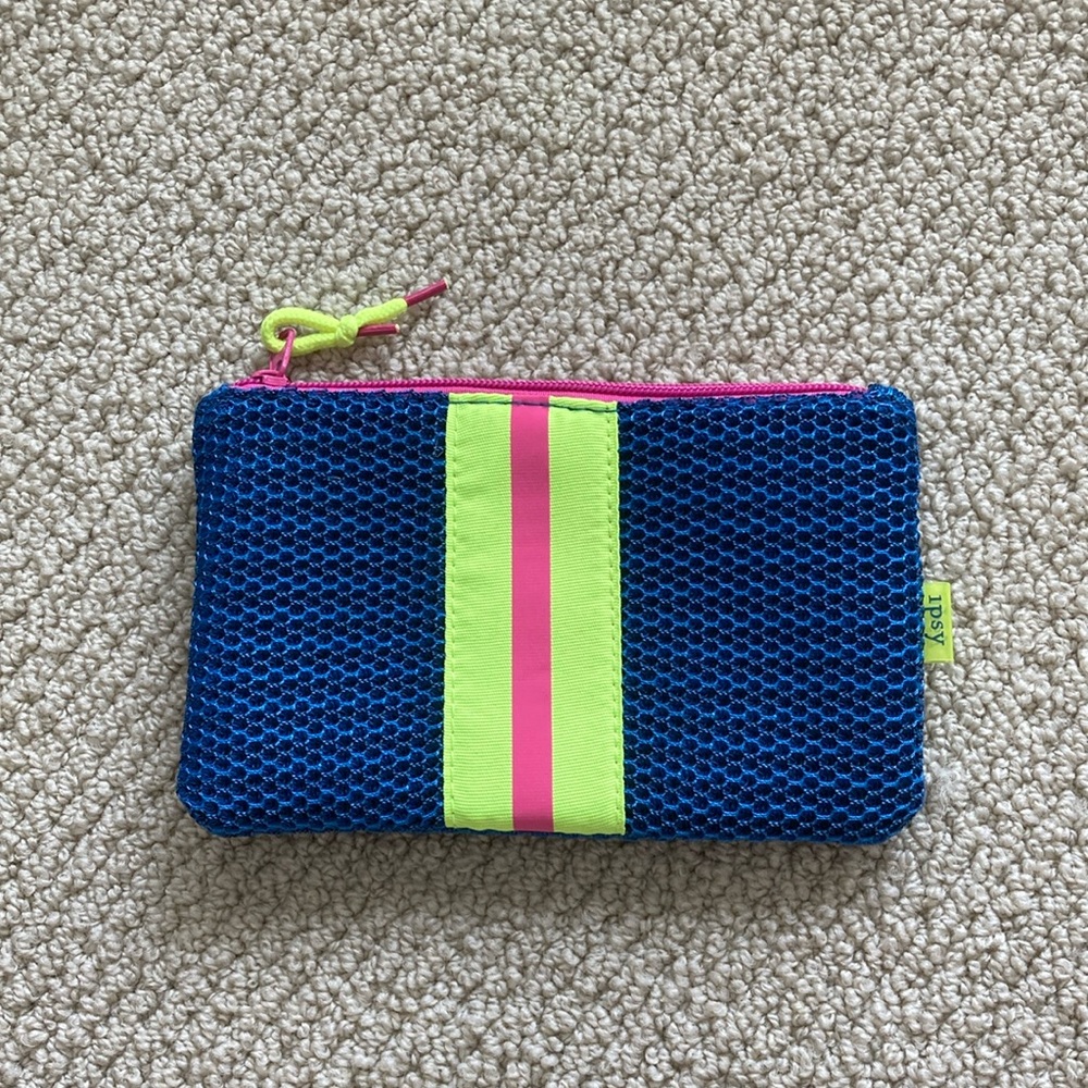 Ipsy Cosmetic Case Neon Blue Yellow Racer Stripes Mesh Bag 4.75” by 7” Like New